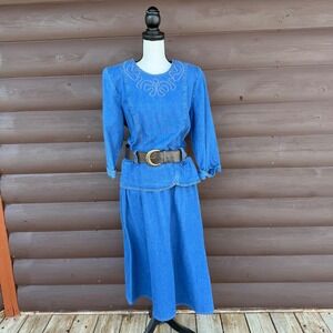 Vtg MHM Melissa Harper Denim Maxi Dress Blue Embroidered Western Belted‎ Sz 14